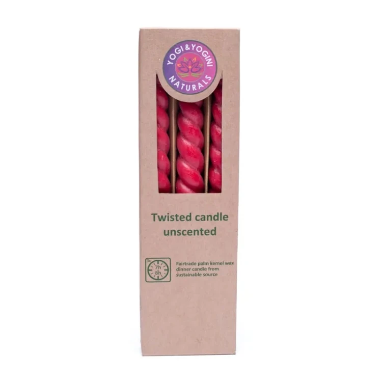 Zestaw 3 czerwonych skręconych świec obiadowych z wosku z pestek palmowych RSPO. Ręcznie robione w Indonezji, Fair Trade, bezzapachowe, bezdymne, z bawełnianym knotem. Czas palenia ok. 8 h, ekologiczne opakowanie z recyklingu