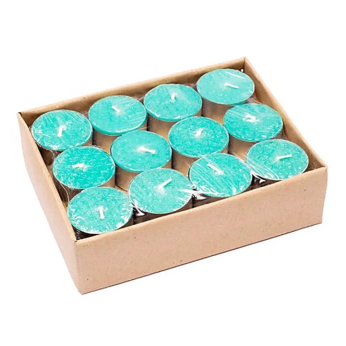 Świece t-light „Flower of Life” o zapachu patchouli. Zestaw 12 sztuk, ręcznie robione z wosku palmowego i kokosowego. 5h czasu palenia, czyste spalanie, symbol Kwiatu Życia na opakowaniu. Idealne do medytacji, rytuałów i relaksu.