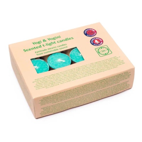 Świece t-light „Flower of Life” o zapachu patchouli. Zestaw 12 sztuk, ręcznie robione z wosku palmowego i kokosowego. 5h czasu palenia, czyste spalanie, symbol Kwiatu Życia na opakowaniu. Idealne do medytacji, rytuałów i relaksu.