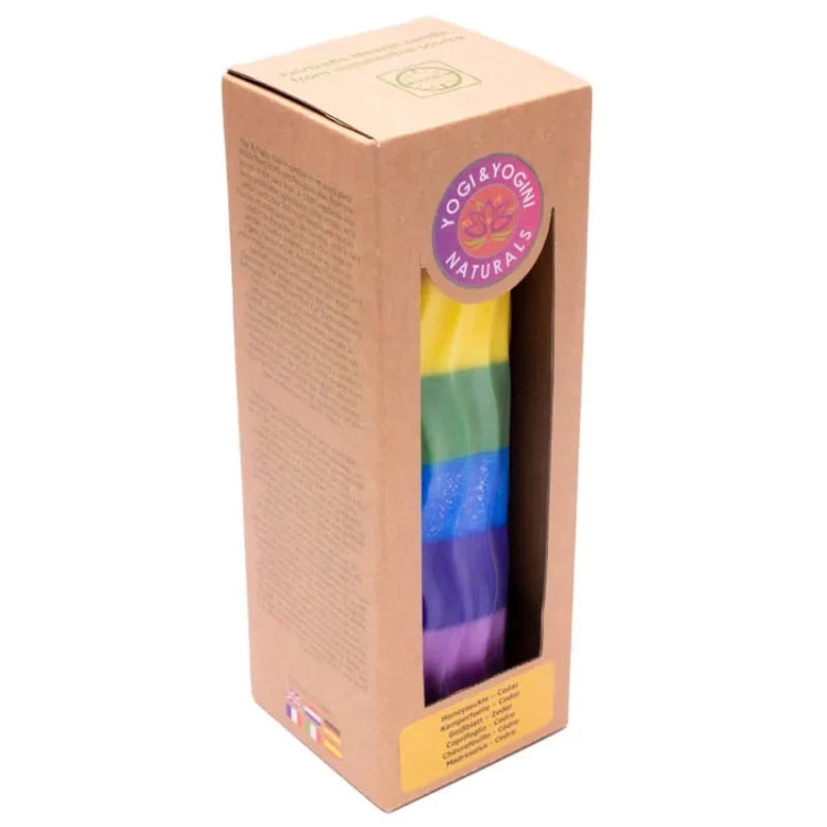 Tęczowa świeca stearynowa z naturalnego wosku palmowego, zapach wiciokrzew i cedr. Ręcznie robiona w Indonezji, Fair Trade, ekologiczna, 100h czasu palenia. Kolorowy design idealny do dekoracji, medytacji i relaksu