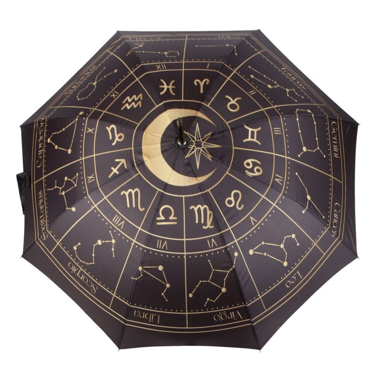 Parasol „Astrological Wonders” w czerni z nadrukiem złotego koła astrologicznego. Elegancki, wiatroodporny, idealny dla miłośników astrologii i ezoteryki. Łączy praktyczną ochronę przed deszczem z kosmicznym stylem i magią gwiazd