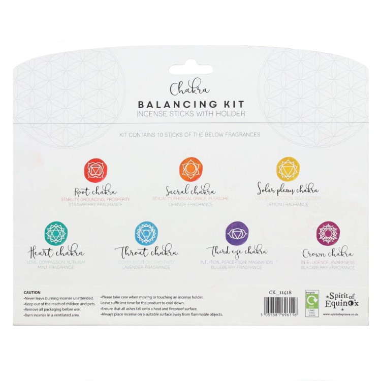 Zestaw kadzidełek „Chakra Incense Balancing” – 7 zapachów dla każdej czakry, w tym truskawka, pomarańcza, lawenda i jeżyna. W komplecie drewniana kadzielnica. Idealny do medytacji, uzdrawiania energią i harmonizacji przestrzeni.