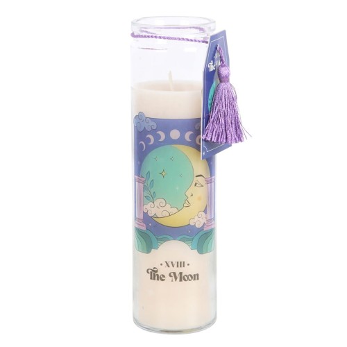 Świeca w tubie z motywem tarota „Księżyc”, zapach fiołków, kolekcja Celestial Dreams.