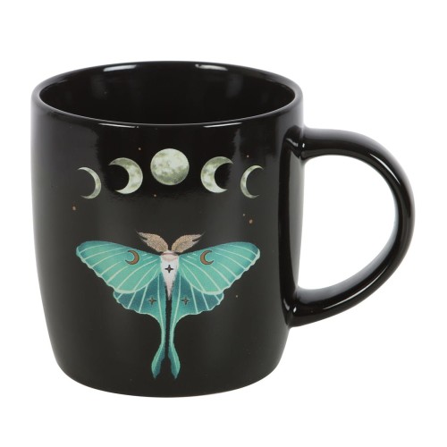 Czarny ceramiczny kubek z motywem ćmy księżycowej, faz Księżyca, gwiazd i kwiatów – kolekcja Dark Forest, pojemność 340 ml.