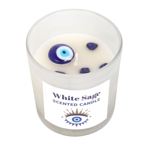 Świeca White Sage All Seeing Eye z sodalitem i ochronnym szklanym okiem w matowym szkle.