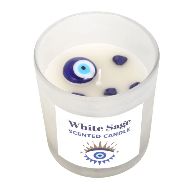 Świeca White Sage All Seeing Eye z sodalitem i ochronnym szklanym okiem w matowym szkle.
