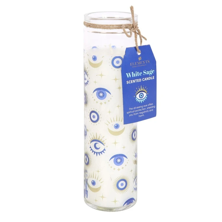 Świeca rytualna „All Seeing Eye White Sage” – biała szałwia, ochrona i oczyszczenie. 70h palenia, idealna do medytacji i rytuałów duchowych.
