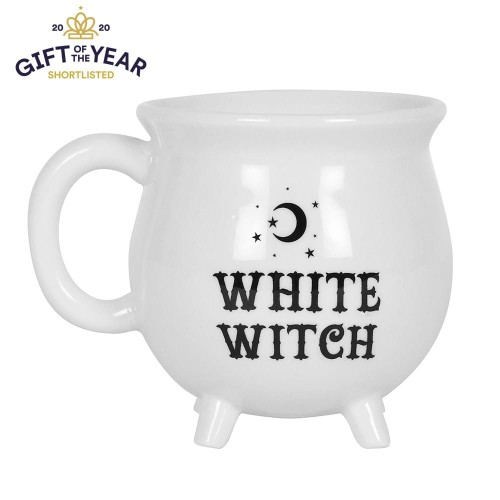 Biały ceramiczny kubek w kształcie kotła z napisem „White Witch”, w eleganckim pudełku, do mikrofalówki i zmywarki.