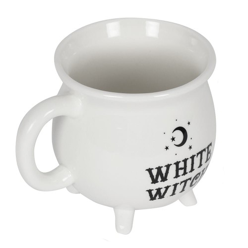 Biały ceramiczny kubek w kształcie kotła z napisem „White Witch”, w eleganckim pudełku, do mikrofalówki i zmywarki.