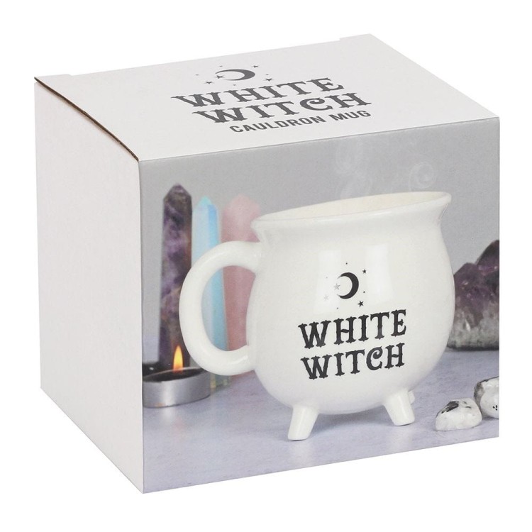 Biały ceramiczny kubek w kształcie kotła z napisem „White Witch”, w eleganckim pudełku, do mikrofalówki i zmywarki.