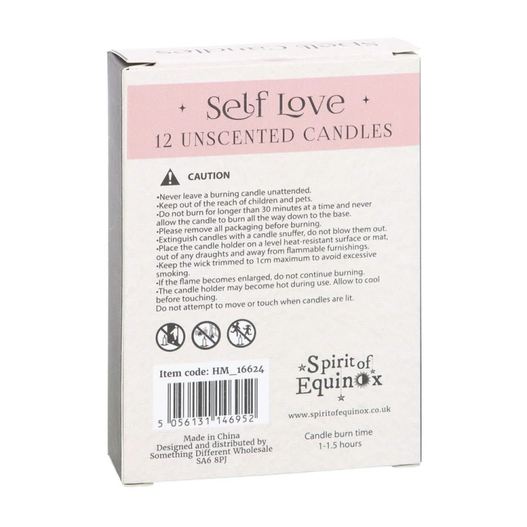 Świece rytualne „Self Love” – zestaw 12 szt. Wspierają afirmacje, medytację i miłość własną. Czas palenia ok. 1h. Równowaga i harmonia w rytuałach.