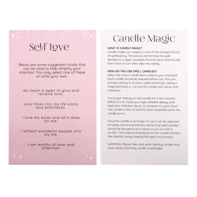 Świece rytualne „Self Love” – zestaw 12 szt. Wspierają afirmacje, medytację i miłość własną. Czas palenia ok. 1h. Równowaga i harmonia w rytuałach.