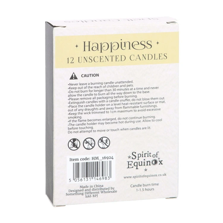 Świece rytualne „Happiness” – zestaw 12 szt. Na rytuały radości i szczęścia. Czas palenia ok. 1h. Afirmacje pozytywnej energii i optymizmu.