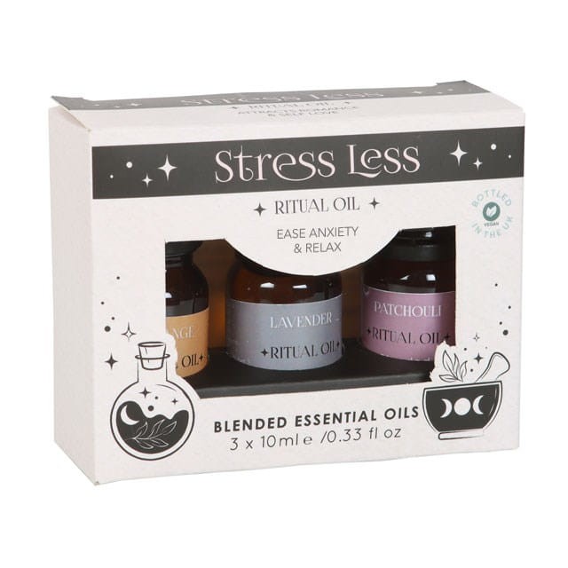 Zestaw olejków eterycznych Stress Less Ritual – lawenda, szałwia, rumianek. Aromaterapia na stres, relaks i harmonię. Idealny do medytacji i wyciszenia.