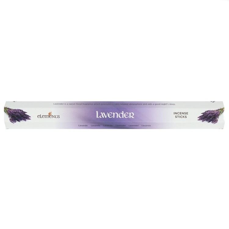 Opakowanie kadzidełek Elements Lavender w odcieniach fioletu z ilustracją kwiatów lawendy.