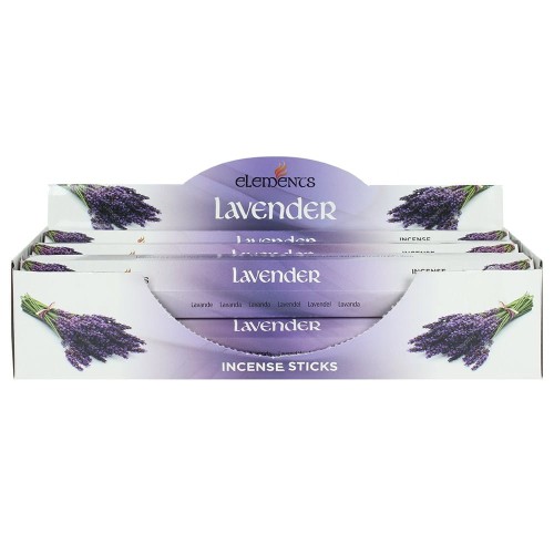 Karton kadzidełek Elements Lavender w odcieniach fioletu z ilustracją kwiatów lawendy.