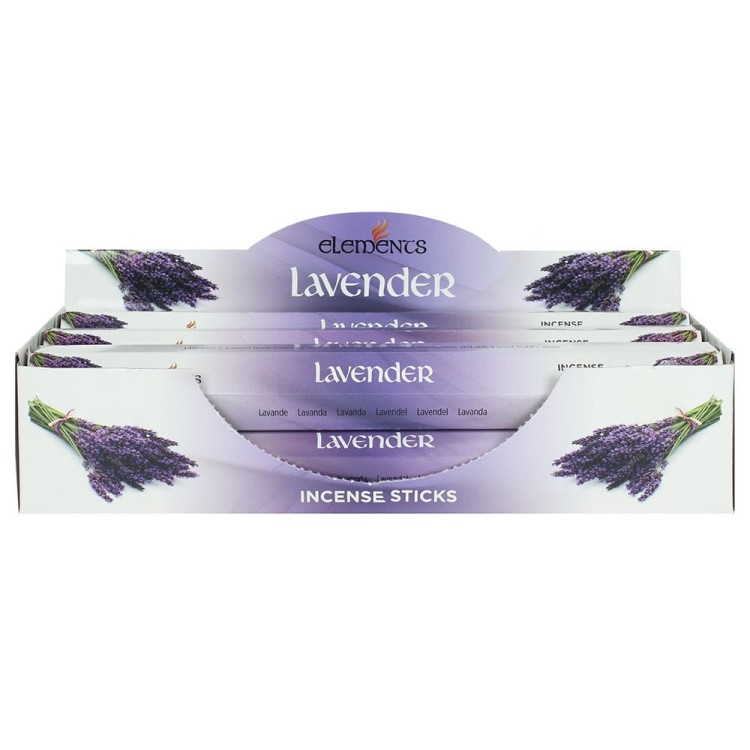 Karton kadzidełek Elements Lavender w odcieniach fioletu z ilustracją kwiatów lawendy.