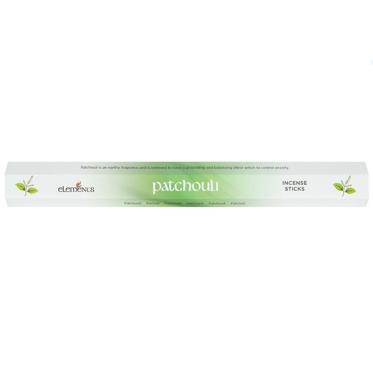Opakowanie kadzidełek Elements Patchouli w odcieniach zieleni z grafiką liści paczuli.