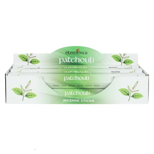 Karton kadzidełek Elements Patchouli w odcieniach zieleni z grafiką liści paczuli.