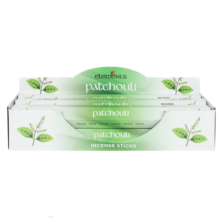 Karton kadzidełek Elements Patchouli w odcieniach zieleni z grafiką liści paczuli.