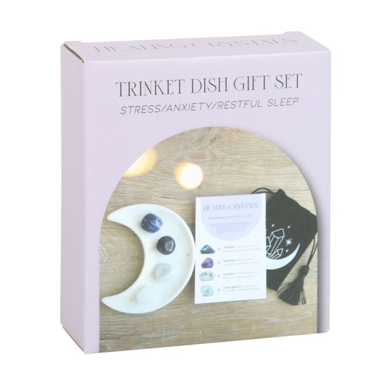 Zestaw kryształów na stres i sen – ametyst, sodalit, howlit, kryształ górski. Miseczka księżycowa, karta informacyjna i woreczek. Relaks i harmonia.