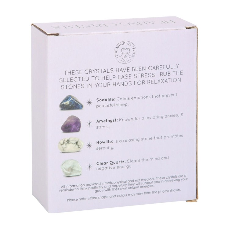Zestaw kryształów na stres i sen – ametyst, sodalit, howlit, kryształ górski. Miseczka księżycowa, karta informacyjna i woreczek. Relaks i harmonia.