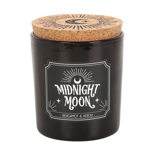 Świeca „Midnight Moon” o zapachu bergamotki i neroli w czarnym szkle z korkowym wieczkiem. Czas palenia ok. 21 h. Elegancka, gotycka, część kolekcji Midnight Rituals – idealna do relaksu i nastrojowych rytuałów.