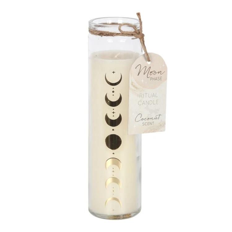 Świeca rytualna Moon Phase Coconut w szkle (70h). Motyw faz księżyca, zapach kokosa. Idealna do medytacji, rytuałów i księżycowych manifestacji.