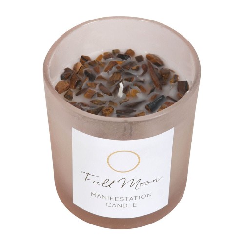 Świeca Full Moon Manifestation Candle z kamieniami Tygrysiego Oka w beżowym, matowym słoiczku