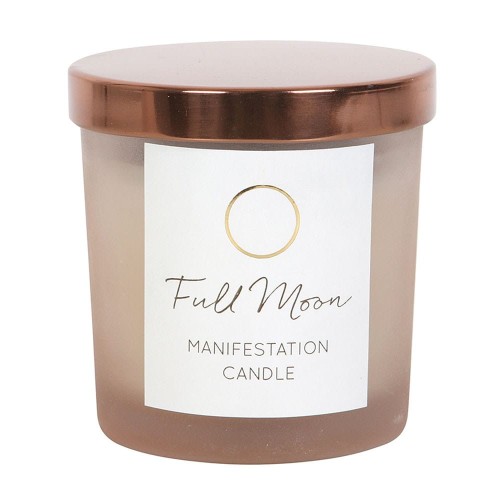 Świeca Full Moon Manifestation Candle z kamieniami Tygrysiego Oka w beżowym, matowym słoiczku
