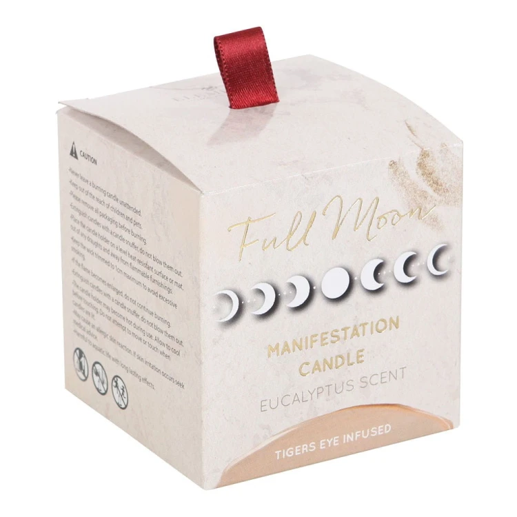Świeca Full Moon Manifestation Candle z kamieniami Tygrysiego Oka w beżowym, matowym słoiczku