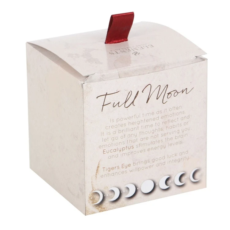 Świeca Full Moon Manifestation Candle z kamieniami Tygrysiego Oka w beżowym, matowym słoiczku