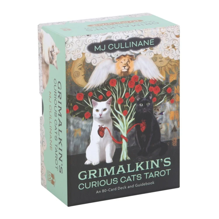 Pudełko tarota Grimalkin’s Curious Cats z ilustracją kotów i anielskiego lwa.