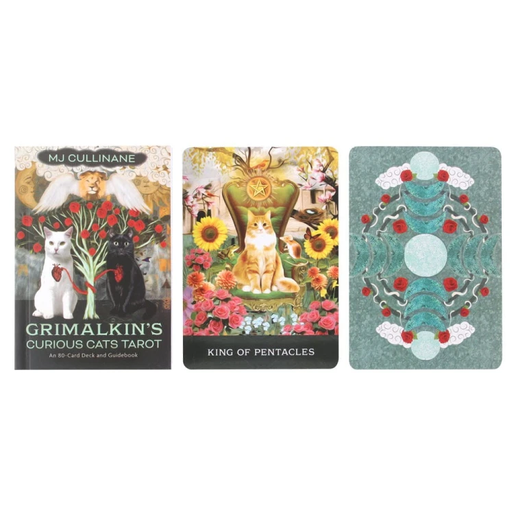Pudełko talii oraz przykładowe karty: King of Pentacles, The Fool i rewers z motywem księżycowym.