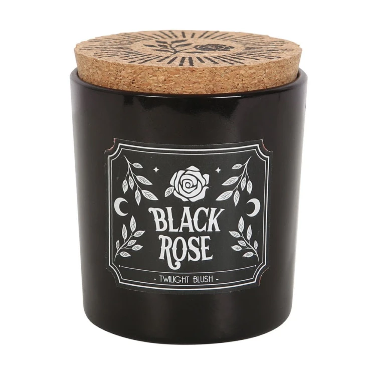 Świeca zapachowa „Black Rose” w czarnym szkle, aromat Twilight Blush, eleganckie opakowanie, czas palenia 21h.