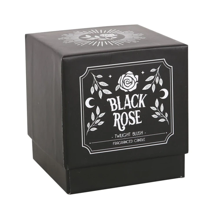 Świeca zapachowa „Black Rose” w czarnym szkle, aromat Twilight Blush, eleganckie opakowanie, czas palenia 21h.