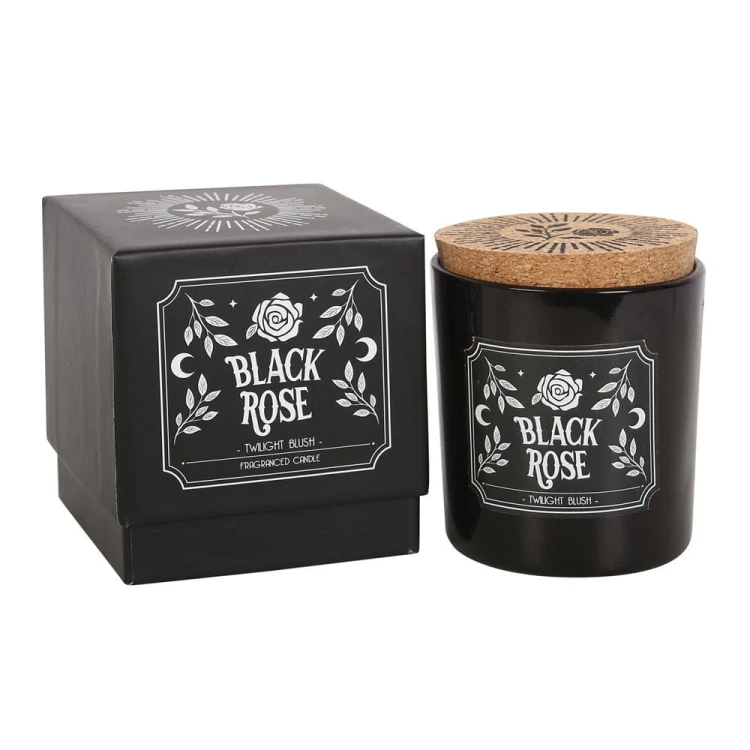 Świeca zapachowa „Black Rose” w czarnym szkle, aromat Twilight Blush, eleganckie opakowanie, czas palenia 21h.
