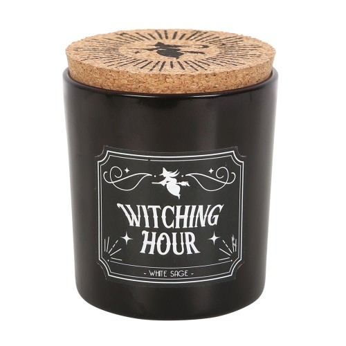 Świeca zapachowa „Witching Hour” w czarnym szkle, aromat białej szałwii, eleganckie gotyckie wzory, czas palenia 21h.