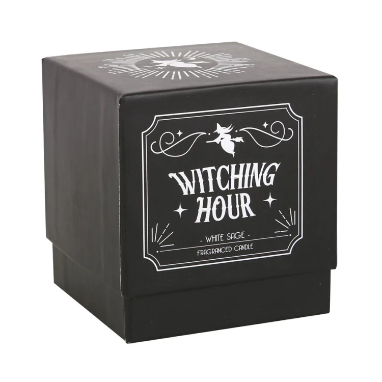 Świeca zapachowa „Witching Hour” w czarnym szkle, aromat białej szałwii, eleganckie gotyckie wzory, czas palenia 21h.