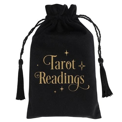Aksamitny woreczek na karty tarota w czerni ze złotym haftem „Tarot Readings” i gwiazdami. Idealny do przechowywania tarota, run i amuletów. Chroni przed uszkodzeniami i negatywną energią, ozdobny ściągacz z chwostami.