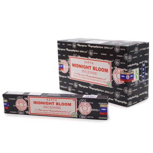 Kadzidełka Satya Midnight Bloom – kwiatowo-drzewny zapach z nutą żywic, inspirowany nocnym rozkwitem. Ręcznie robione w Indiach, idealne na wieczorną medytację, relaks i tworzenie intymnej atmosfery. 15g, czas palenia 30–45 min.