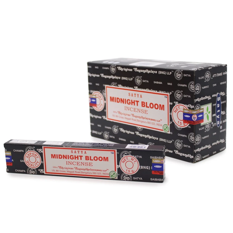 Kadzidełka Satya Midnight Bloom – kwiatowo-drzewny zapach z nutą żywic, inspirowany nocnym rozkwitem. Ręcznie robione w Indiach, idealne na wieczorną medytację, relaks i tworzenie intymnej atmosfery. 15g, czas palenia 30–45 min.