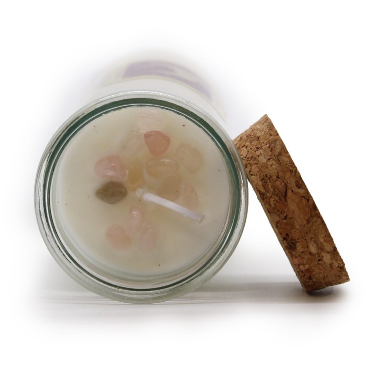 Świeca w szklanej tubie – Zaklęcie Miłości z jaśminowym aromatem i naturalnym kwarcem różowym. Wosk sojowy, 21 cm wysokości. Idealna do rytuałów miłości, afirmacji i pracy z intencją serca.