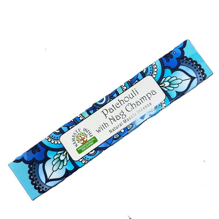 Kadzidełka Masala Namaste Mandala Paczula i Nag Champa – ręcznie zwijane, łączą ziemisty aromat paczuli z kadzidłową głębią Nag Champa. Idealne do medytacji, relaksu i tworzenia atmosfery duchowej równowagi.