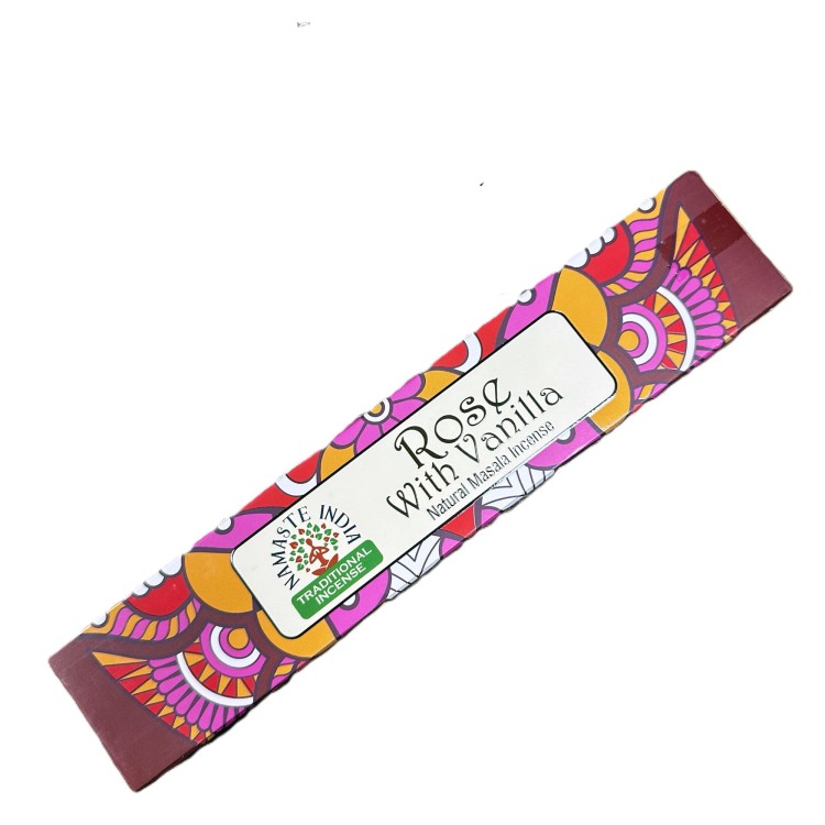 Kadzidełka Masala Namaste Mandala Róża i Wanilia – ręcznie zwijane, o kwiatowo-waniliowym aromacie, idealne do relaksu, medytacji i tworzenia atmosfery zmysłowej harmonii.