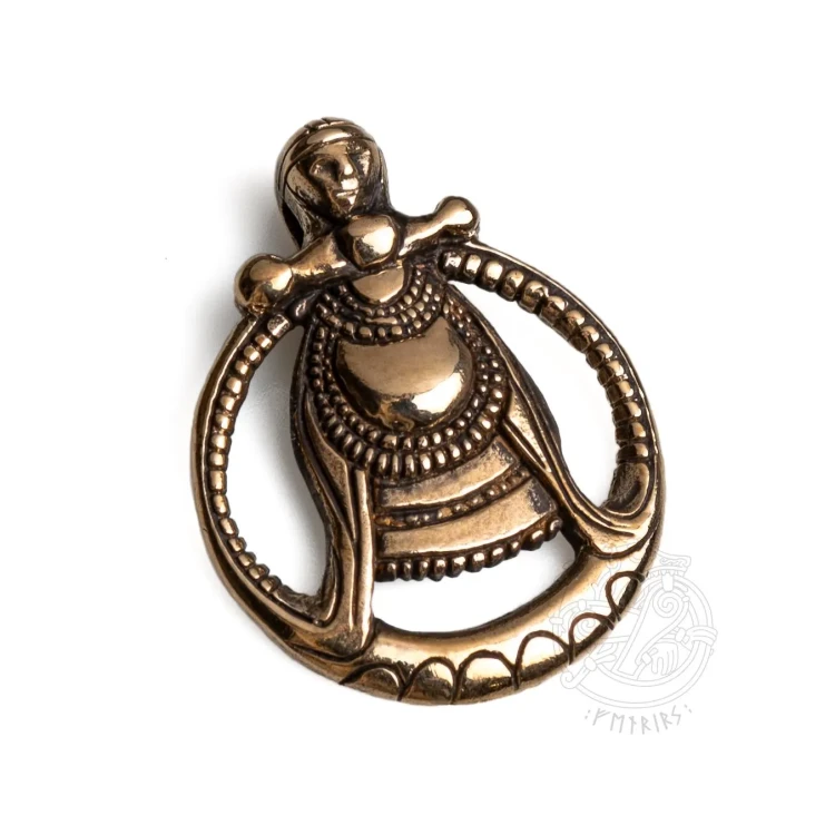Brązowa replika bogini Freya, ręcznie robiona zawieszka inspirowana znaleziskiem z epoki Wikingów. Symbol kobiecej mocy, ochrony i intuicji. Amulet dla miłośniczek historii, mitologii i duchowości.