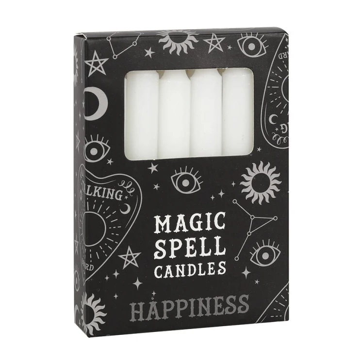 Białe świece rytualne Magic Spell Candles Happiness (12 szt.) – przyciągają szczęście, radość i harmonię. Idealne do rytuałów, medytacji i afirmacji.