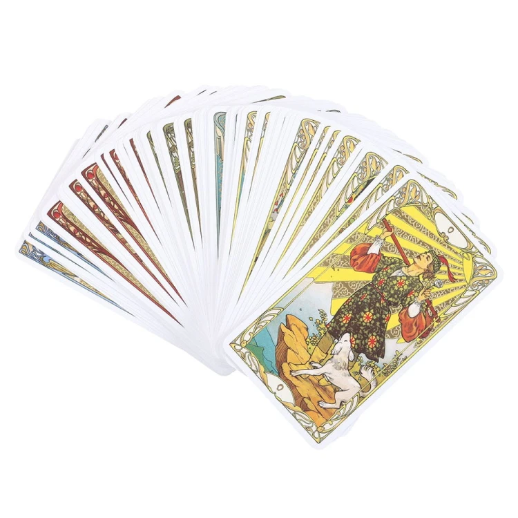 Golden Art Nouveau Tarot – talia 78 kart inspirowana Rider Waite Smith, zdobiona złotymi detalami. Elegancja secesji i magia intuicji w jednym.