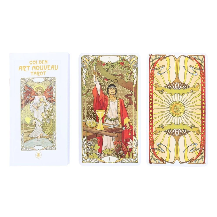 Golden Art Nouveau Tarot – talia 78 kart inspirowana Rider Waite Smith, zdobiona złotymi detalami. Elegancja secesji i magia intuicji w jednym.