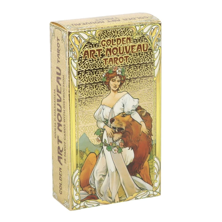 Golden Art Nouveau Tarot – talia 78 kart inspirowana Rider Waite Smith, zdobiona złotymi detalami. Elegancja secesji i magia intuicji w jednym.
